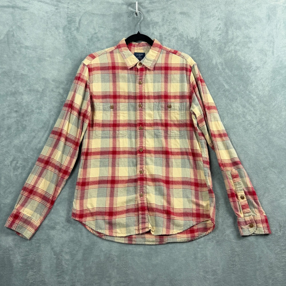 J.Crew Mens M Cream Red Plaid Flannel Shirt Long Sleeve Button Down Boho Flannel